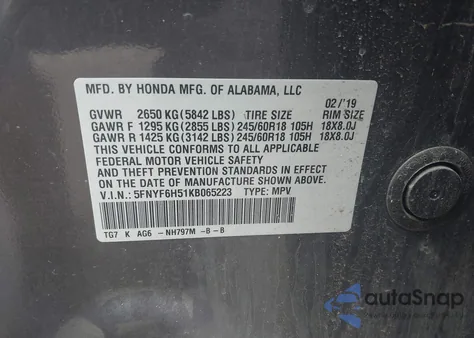 2019 Honda Pilot Ex-L z USA, uszkodzony, nr VIN 5FNYF6H51KB065223